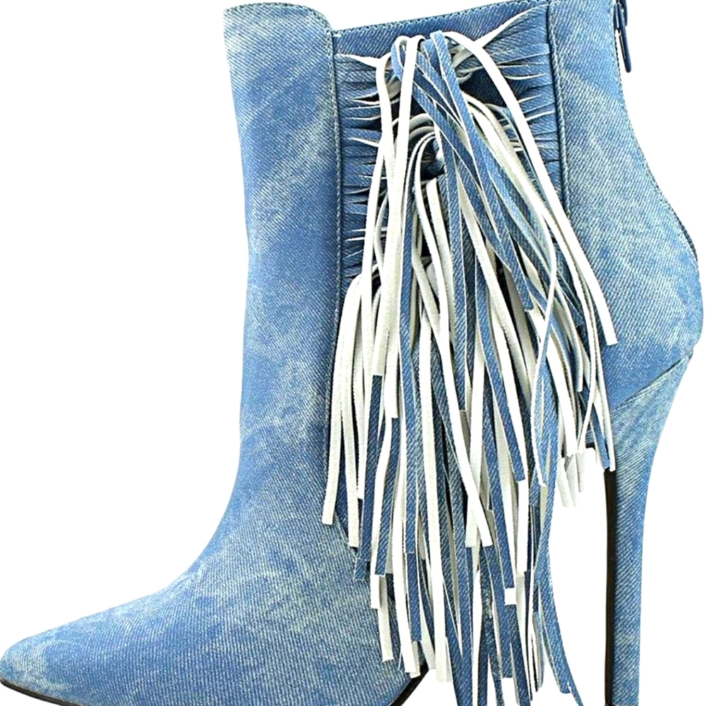 Denim fringe booties